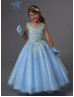 Gold Lace Blue Organza Ankle Length Wedding Flower Girl Dress 